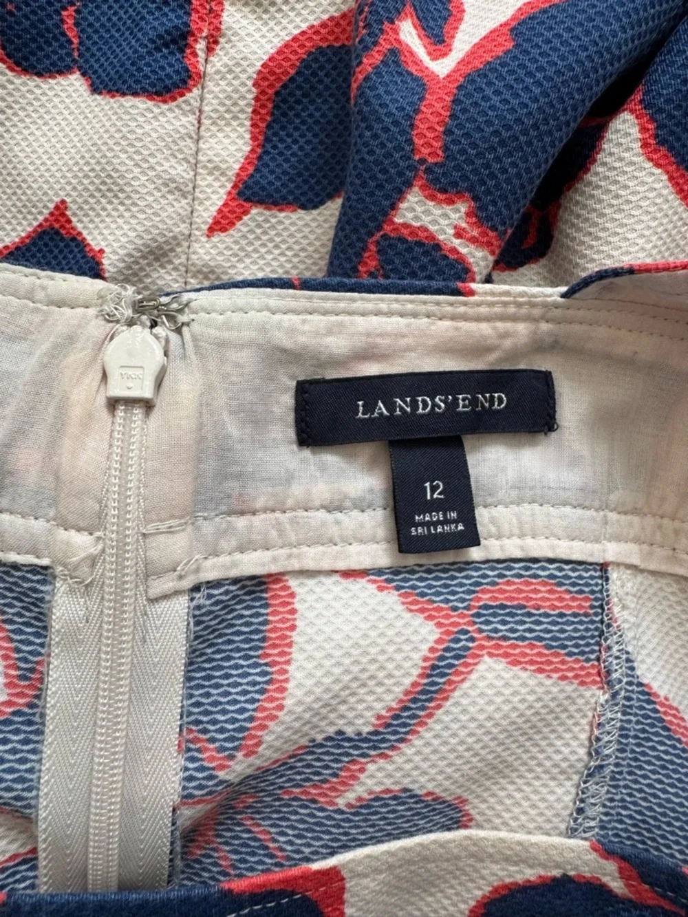 Lands' End Cream Blue Red Floral Midi Dress Cotton Canvas Wide Straps Size 12